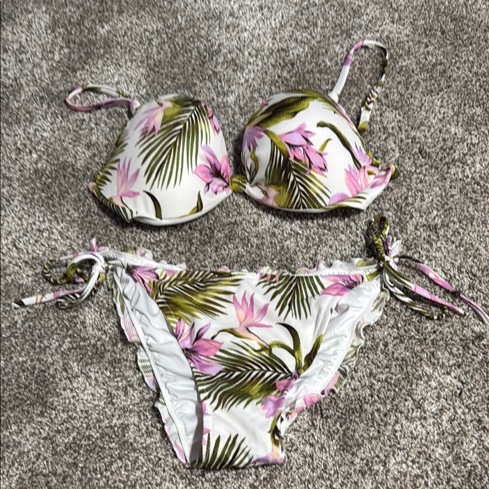 Floral Bikini Set with Pink and Green Leaves